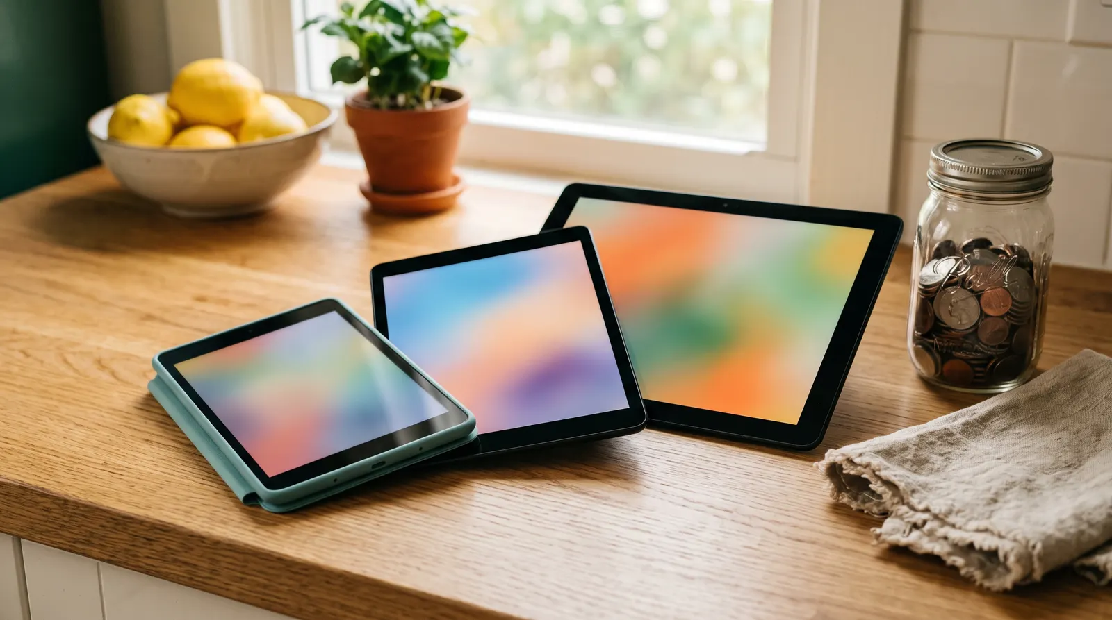 Three affordable tablets of different sizes on a kitchen counter next to a jar of coins