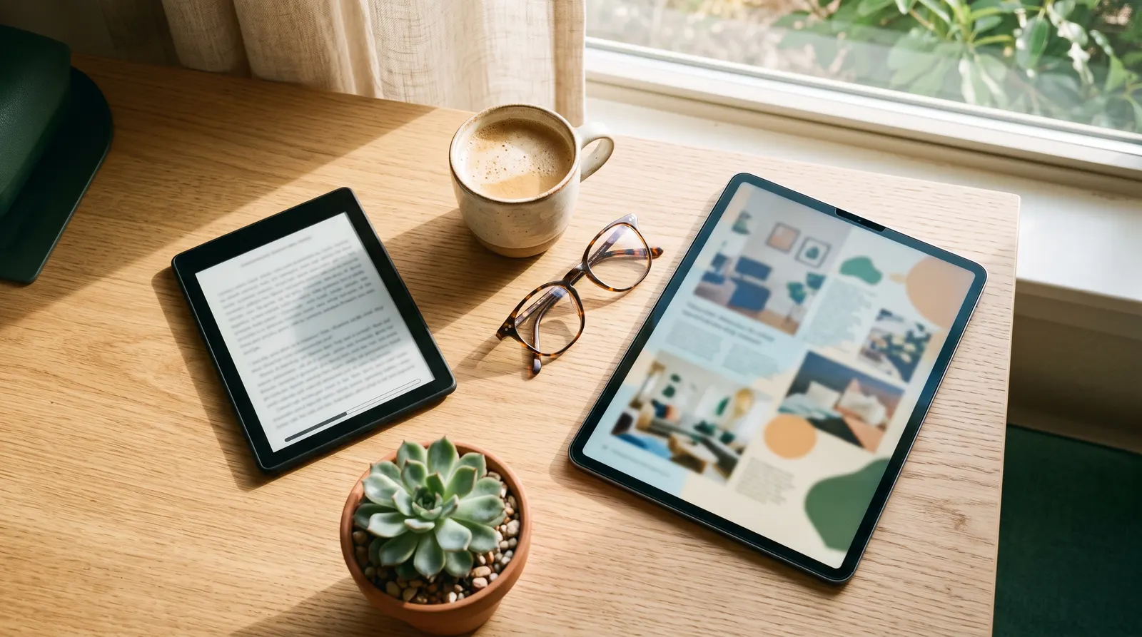 A small e-reader with a matte paper-like screen next to a larger glossy tablet on a sunny wooden table