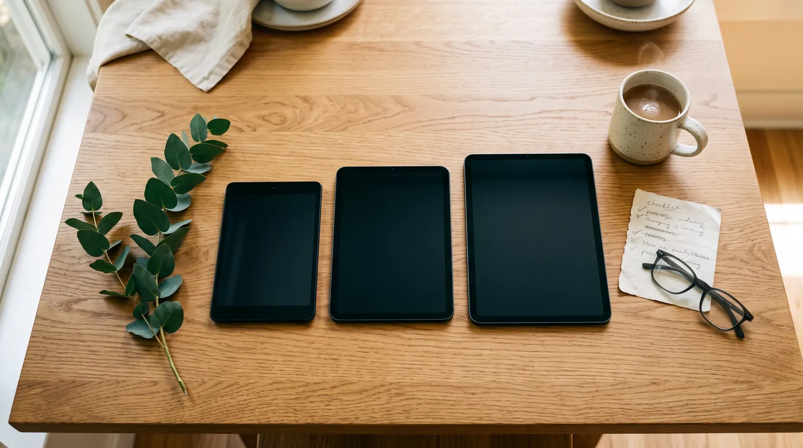 Three tablets of different sizes laid out on a kitchen table beside a coffee mug and a shopping checklist