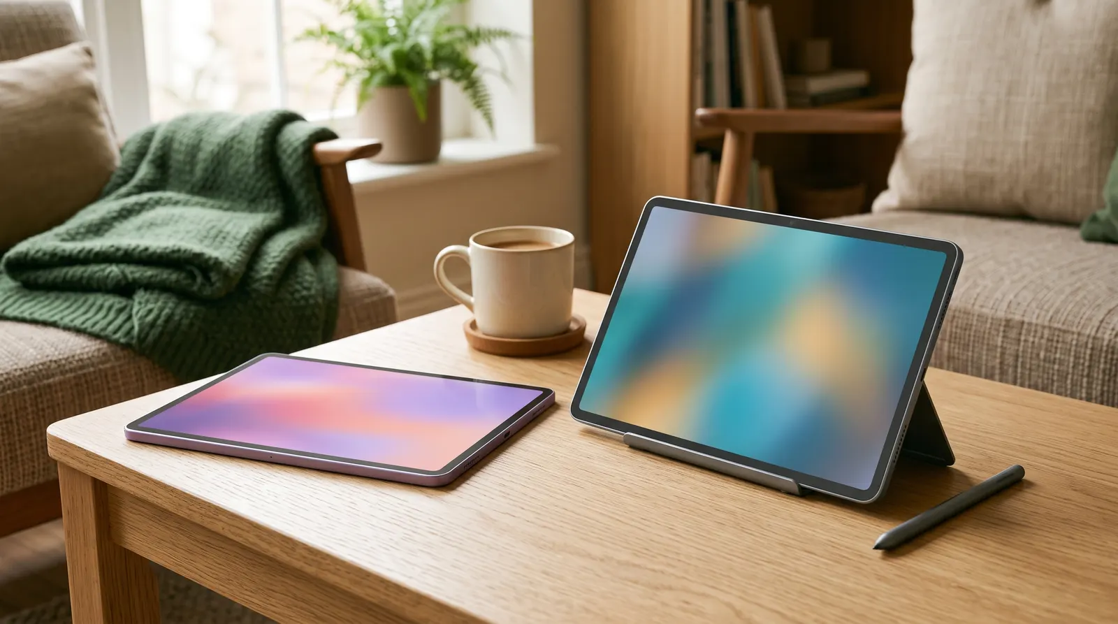 Two 11-inch tablets on a coffee table, a purple one lying flat and a grey one on a stand with a stylus